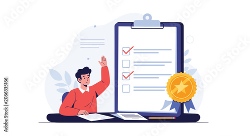 Ambitious student or employee raising hand after successfully completing task from large checklist to earn gold medal for achievement.