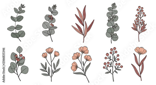 Charming bundle of hand-sketched plant elements, featuring a variety of leaves, delicate flowers, and berry sprigs, perfect for modern naturalistic designs and invitations