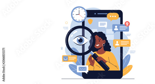 Digital profile search and social media verification concept with woman on phone screen and giant magnifying glass.