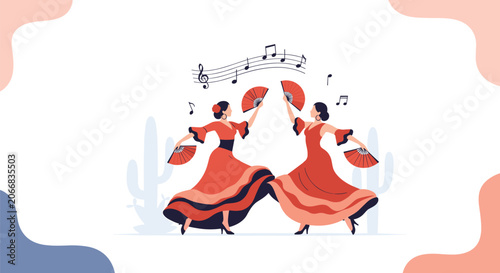 Two female flamenco dancers in traditional red dresses perform with fans against a stylized desert background.