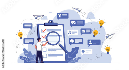 Person analyzing project tasks on large clipboard with magnifying glass and social media icons floating in background for productivity.