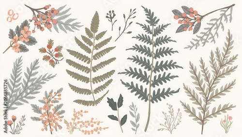 Hand-drawn botanical vector collection featuring ferns, wild berries, and forest leaves in muted earthy tones