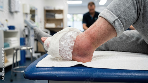 Patient receiving cold therapy for swollen, injured ankle in clinic