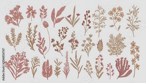Set of hand drawn botanical floral elements, vector illustrations of vintage herbs and wild flowers in muted earth tones