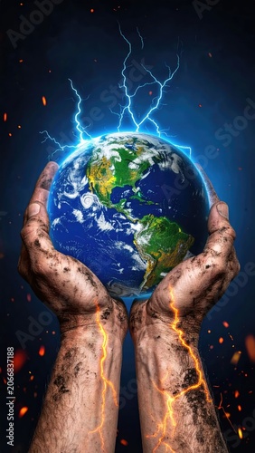 Hands holding planet Earth with lightning and fire effects.