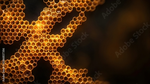 Golden honeycomb structure with dripping liquid honey on black background