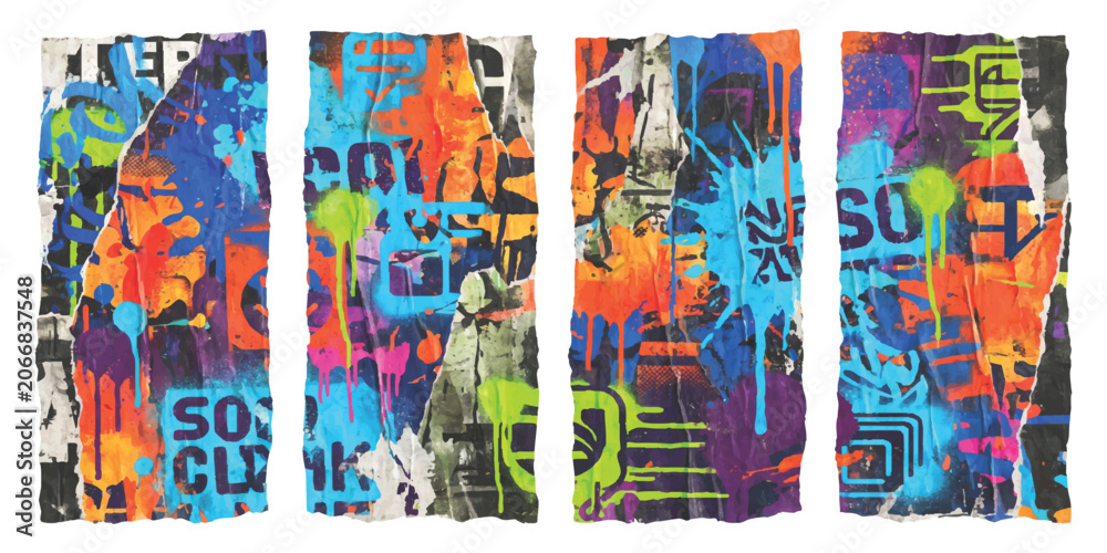 Fototapeta premium Abstract graffiti street art collage with colorful layered torn paper posters and vibrant paint drips texture