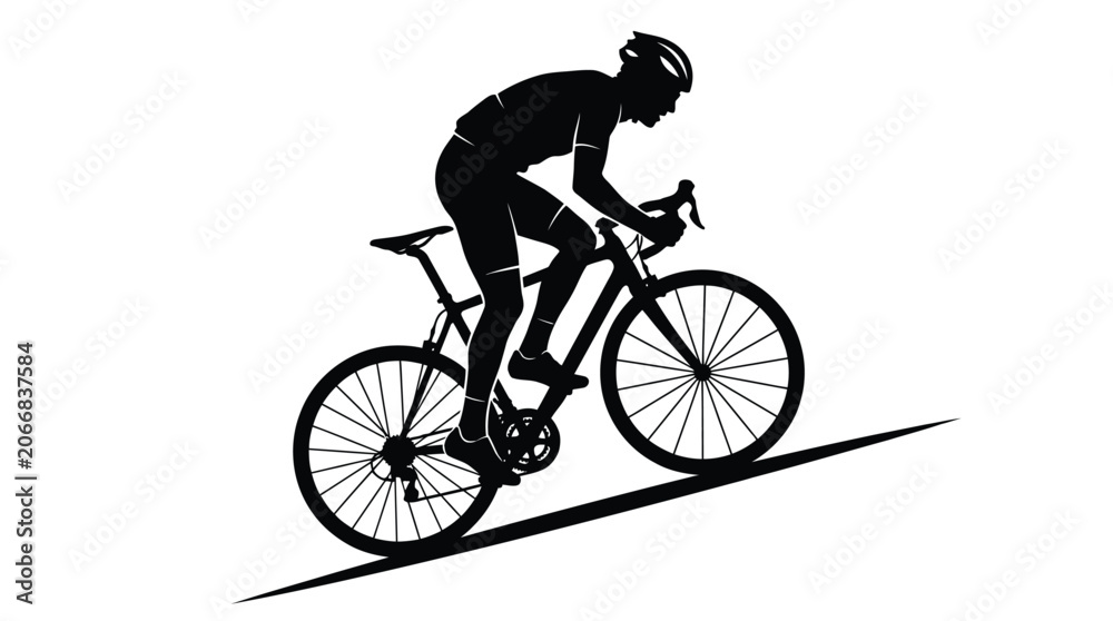 Naklejka premium Professional road cyclist riding a bicycle uphill shown as a bold black and white silhouette graphic