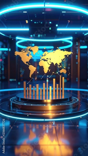 Global Financial Data Visualization with Digital World Map and Futuristic Analytics.