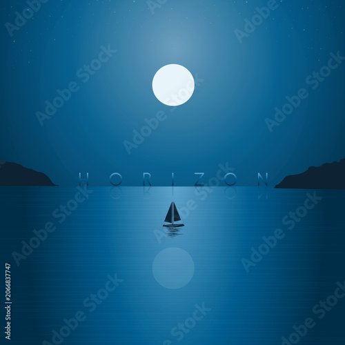 Peaceful Moonlight Lake Landscape Flat Vector Illustration with Boat and Night Sky