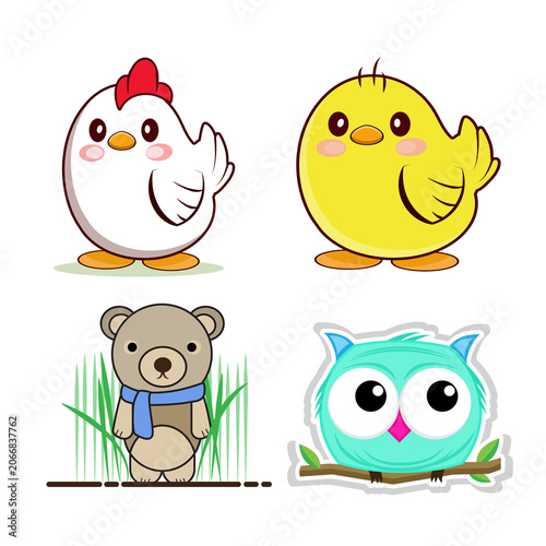 Cute Cartoon Farm Animal Character Set with Chicken Chick Bear and Owl Vector Illustration Isolated on White Background