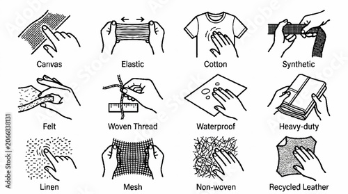 Set of textile material icons showing hands touching different fabric types and textures.