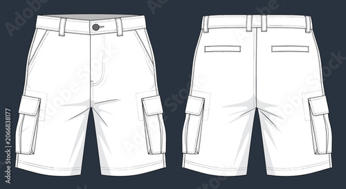 Technical clothing sketch of white cargo shorts for men shown from front and back views with multiple utility pockets and belt loops.