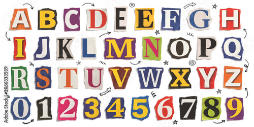 Tableau sur toile Alphabet and numbers set made from colorful magazine paper cut out letters arran