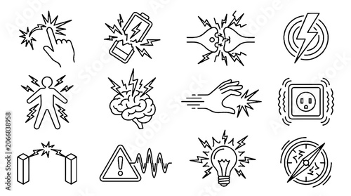 Set of black and white line icons representing electricity hazards and static shock concepts.