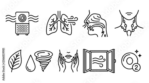 Respiratory Health and Air Quality Line Icon Set Featuring Lungs Purifier and Breathing.