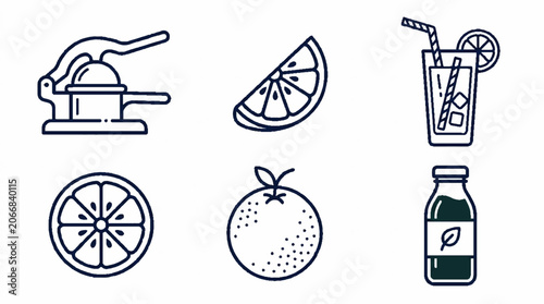 Orange juice production line icons set including citrus fruit squeezer glass and bottle.