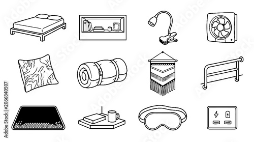 Collection of bedroom and sleeping accessories line art icons set.