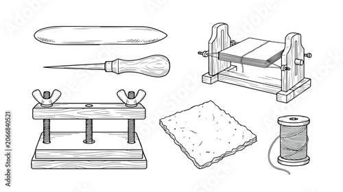 Fotografie Bookbinding Tools and Supplies Set Vector Illustration