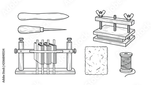 Bild auf Leinwand Bookbinding tools and materials sketch vector illustration set