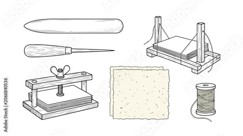 Foto Set of Handmade Paper Making and Bookbinding Tools Vector Illustration