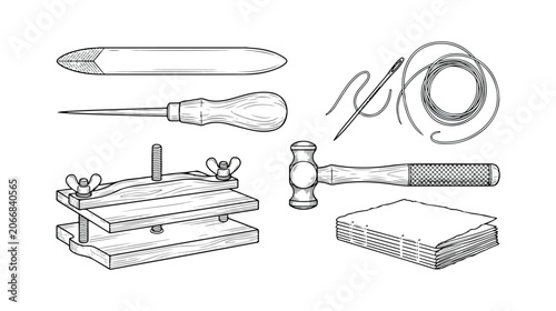 Photography Bookbinding Tools and Supplies Sketch Illustration Set Vector