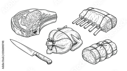 Bild auf Leinwand Raw Meat Cuts and Whole Chicken with Kitchen Knife Hand Drawn Illustration
