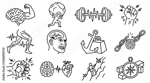Mental Strength and Resilience Concept Icons Set in Hand Drawn Line Art Style.