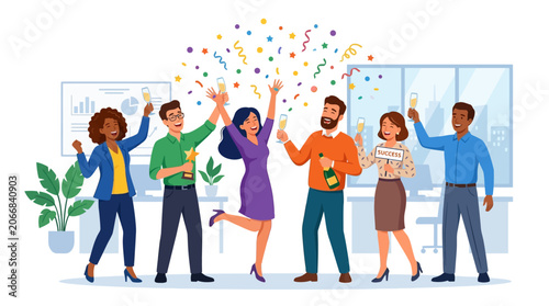 Diverse team celebrating success with confetti and champagne in modern office