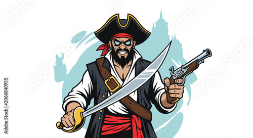 Intimidating pirate captain with glowing blue eyes and a long black beard brandishes a cutlass and a flintlock pistol in a heroic pose.