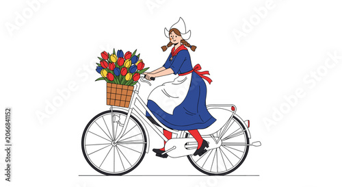 Traditional Dutch girl wearing a white hat and blue dress rides a white bicycle with a basket full of colorful tulips in the front.