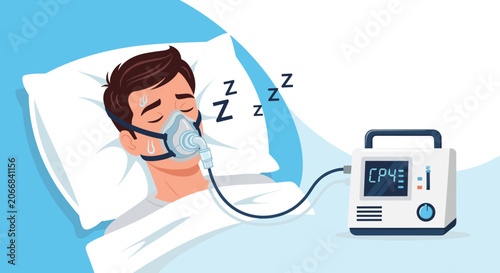 Man sleeps peacefully in bed while using a cpap machine with a mask over his nose to help with breathing and sleep apnea treatment.