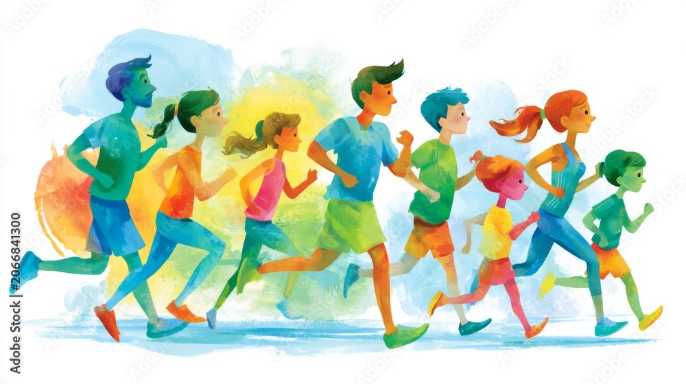 Fototapeta premium Colorful Poster of Families Jogging Together for Fun and Exercise in a Vibrant Outdoor Setting