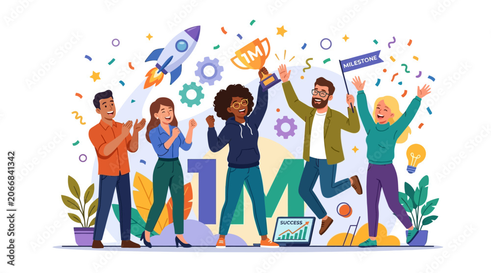 Obraz premium Excited team celebrates reaching 1 Million milestone with trophy and confetti