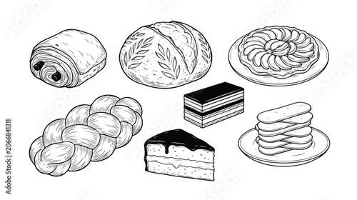 Bild auf Leinwand Set of 7 Black and White Bakery Pastry and Bread Vector Illustrations