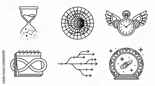 Set of time travel and physics concept icons in black line art style.