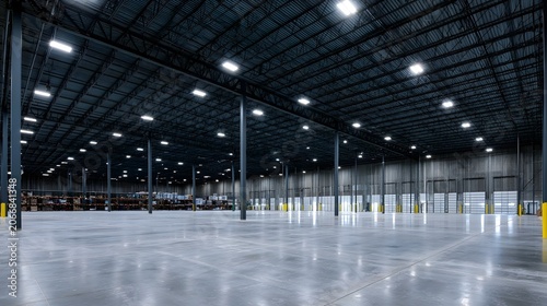 A high  photograph captures the powerful and expansive interior of a modern industrial warehouse featuring towering structures and sparkling