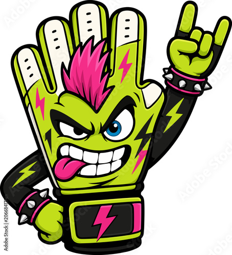 Green Goalkeeper Glove Monster Mascot Illustration With Mohawk And Rock Hand Sign