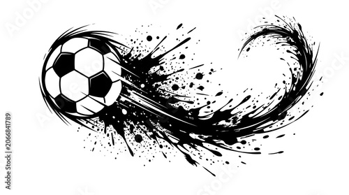 Dynamic soccer ball with abstract ink splash trail, symbolizing fast movement and powerful action in a graphic, artistic representation of the sport.