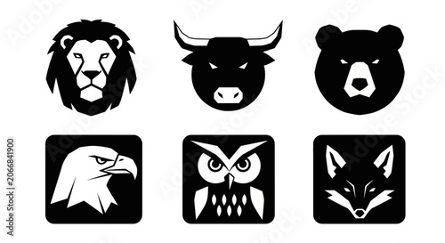 Animal Icons Set: Lion, Bull, Bear, Eagle, Owl, Fox Silhouette
