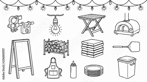 Hand drawn pizza restaurant equipment and outdoor catering icons set.