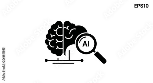 Artificial Intelligence Brain Analysis with Magnifying Glass Icon