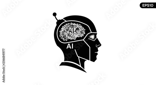 Artificial Intelligence Head Silhouette with Brain Network