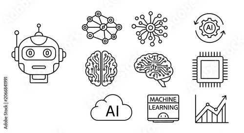 Artificial Intelligence Icons Set: Robot, Brain, Neural Network, Chip, Cloud AI