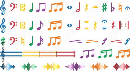 Fotografie Music Notes and Symbols Vector Set with Treble Clef Bass Clef Sharp Flat Rest So