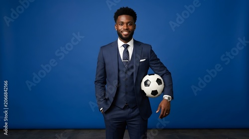 A handsome man in a sharp navy blue suit and tie confidently holds a soccer ball, posing against a solid blue background.