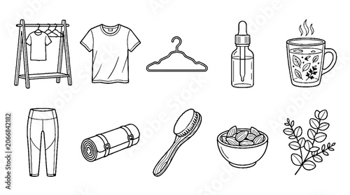 Hand drawn lifestyle and wellness icons set featuring clothing yoga mat and herbal tea.