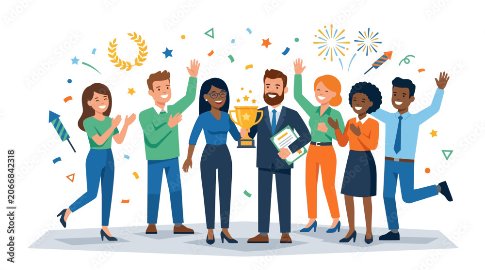 Obraz premium Diverse Team Celebrates Success with Trophy and Confetti