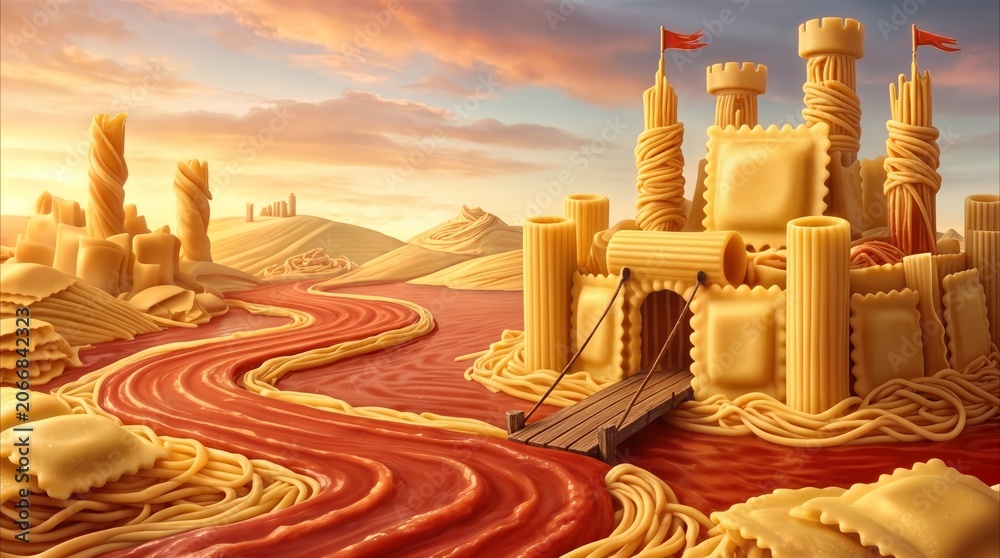 Naklejka premium Ravioli castle standing beside a tomato sauce river in a landscape made of various pasta shapes. Edible world concept under a sunset sky.