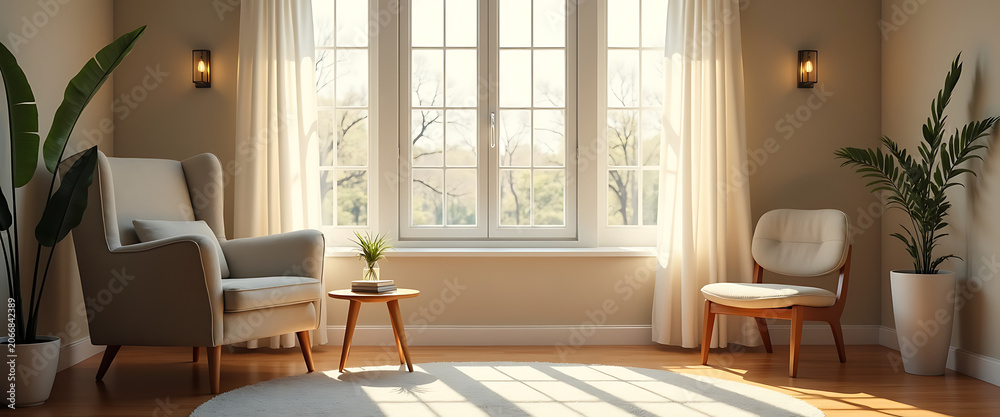 Fototapeta premium Living Room with Large Window Armchair Plant and Natural Light